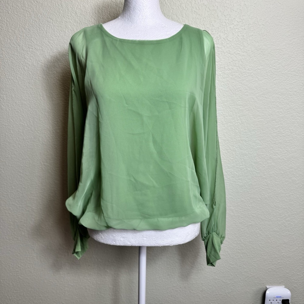 Brittany Humble Women's Blouse Sheer Lined Green Size XS Elastic Elastic Waist